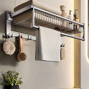 wanlian bathroom towel rack, foldable double towel rack 20inch with towel bar and 7 bathroom/kitchen hooks, thickened space aluminum towel rack wall mount (gun ash-folding mesh basket towel rack)