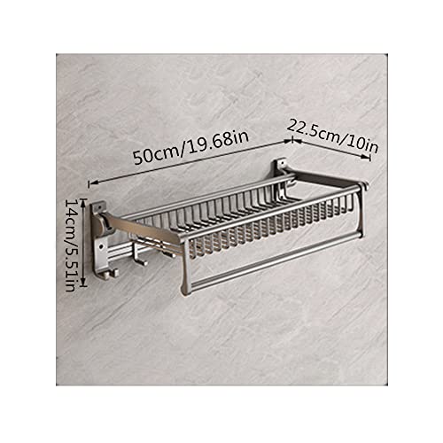 WANLIAN Bathroom Towel Rack, Foldable Double Towel Rack 20Inch with Towel Bar and 7 Bathroom/Kitchen Hooks, Thickened Space Aluminum Towel Rack Wall Mount (Gun Ash-Folding Mesh Basket Towel Rack)