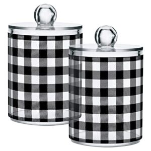 Gredecor Qtip Holder Dispenser 2 Pack Black White Classic Buffalo Plaid Bathroom Decorative Storage Canister Holder Counter Vanity Organizer for Cotton Ball Swabs Pads Floss