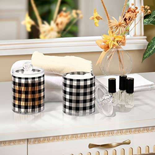 Gredecor Qtip Holder Dispenser 2 Pack Black White Classic Buffalo Plaid Bathroom Decorative Storage Canister Holder Counter Vanity Organizer for Cotton Ball Swabs Pads Floss