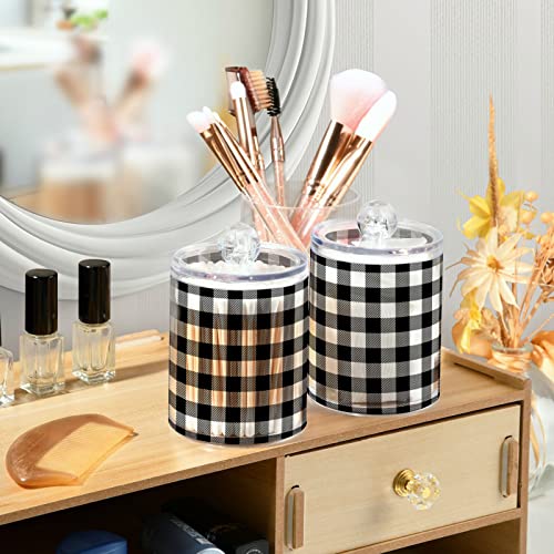 Gredecor Qtip Holder Dispenser 2 Pack Black White Classic Buffalo Plaid Bathroom Decorative Storage Canister Holder Counter Vanity Organizer for Cotton Ball Swabs Pads Floss