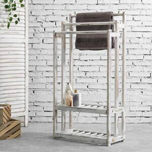 MyGift 3 Tier Farmhouse Whitewashed Solid Wood Bathroom Towel Rack, Freestanding Bath Towel Drying Holder Stand with 2 Slatted Bottom Storage Organizer Shelf