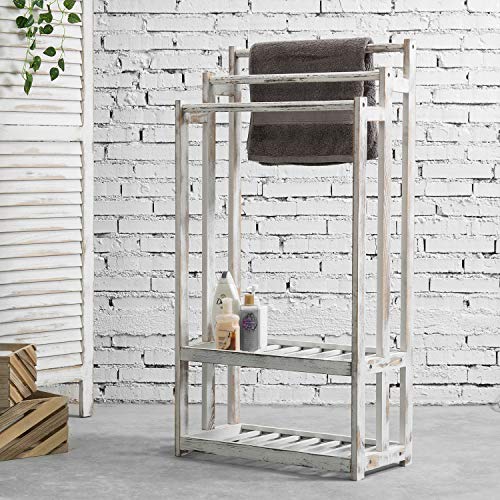 MyGift 3 Tier Farmhouse Whitewashed Solid Wood Bathroom Towel Rack, Freestanding Bath Towel Drying Holder Stand with 2 Slatted Bottom Storage Organizer Shelf