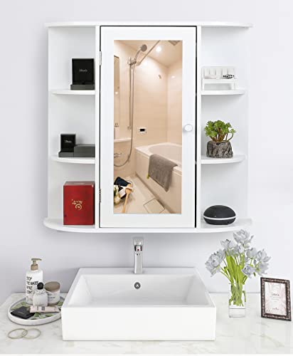 SOMY Medicine Cabinet with Mirror Door, Wood Wall Cabinet with 6 Tier Open