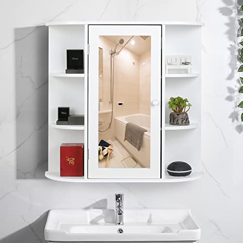 SOMY Medicine Cabinet with Mirror Door, Wood Wall Cabinet with 6 Tier Open