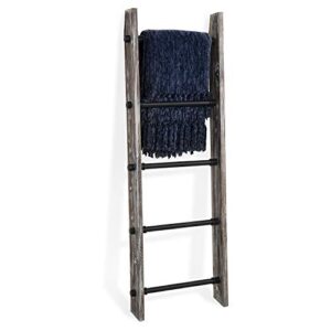 mygift 4 ft torched wood farmhouse blanket ladder with 5 matte black industrial pipe rungs, wall leaning bathroom towel ladder rack