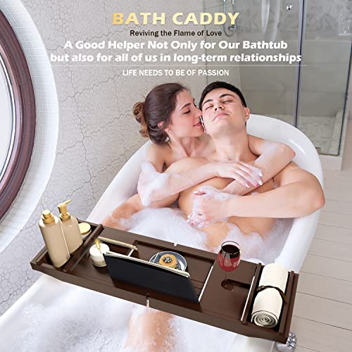 Bathtub Caddy Tray - Luxury Bath Tray for Tub - Adjustable Bamboo Bath Table - Bath Board over Tub, Spa Accessories Organizer with Free Soap Dish & Bath Glove - Gift Choice Fits All Occasions (Walnut)