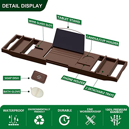 Bathtub Caddy Tray - Luxury Bath Tray for Tub - Adjustable Bamboo Bath Table - Bath Board over Tub, Spa Accessories Organizer with Free Soap Dish & Bath Glove - Gift Choice Fits All Occasions (Walnut)