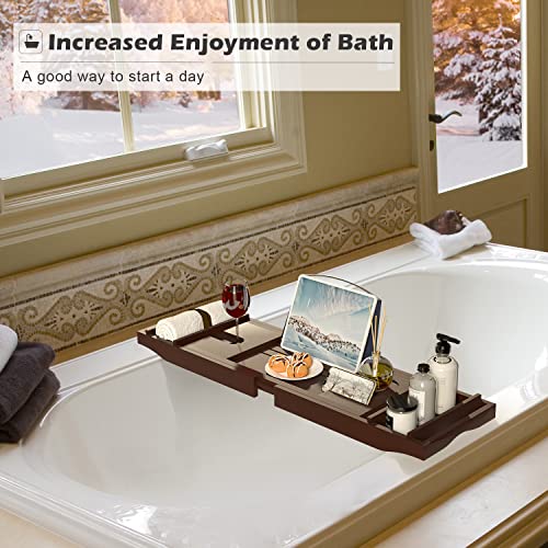 Bathtub Caddy Tray - Luxury Bath Tray for Tub - Adjustable Bamboo Bath Table - Bath Board over Tub, Spa Accessories Organizer with Free Soap Dish & Bath Glove - Gift Choice Fits All Occasions (Walnut)