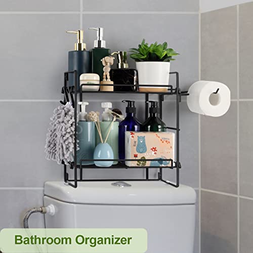 SHINOSKE Over The Toilet Storage, 2 Tier Bathroom Organizer Shelves Over Toilet and Wall Mounted Design, No Drilling Needed to Save Space, with Hook and Paper Holder（Black）