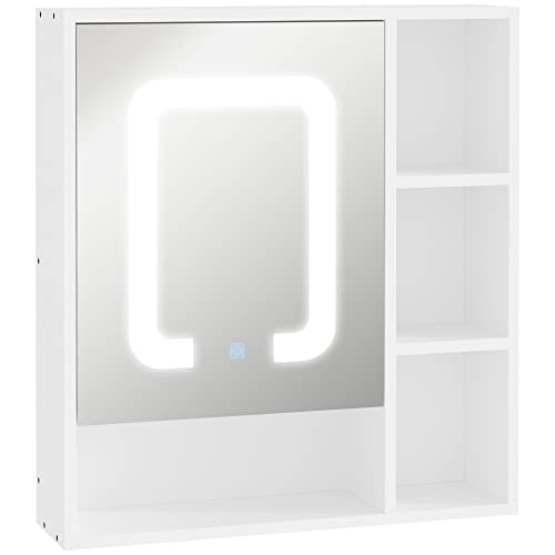 kleankin LED Light Medicine Cabinet with Mirror Door, Wall-Mounted Bathroom Vanity Organizer with Dimmer Touch Switch, and USB Charge, White