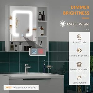 kleankin LED Light Medicine Cabinet with Mirror Door, Wall-Mounted Bathroom Vanity Organizer with Dimmer Touch Switch, and USB Charge, White