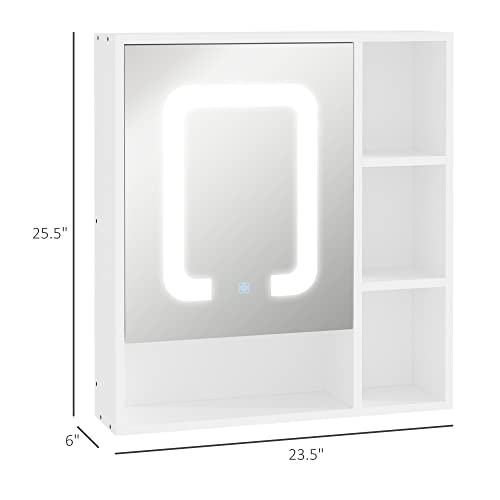 kleankin LED Light Medicine Cabinet with Mirror Door, Wall-Mounted Bathroom Vanity Organizer with Dimmer Touch Switch, and USB Charge, White