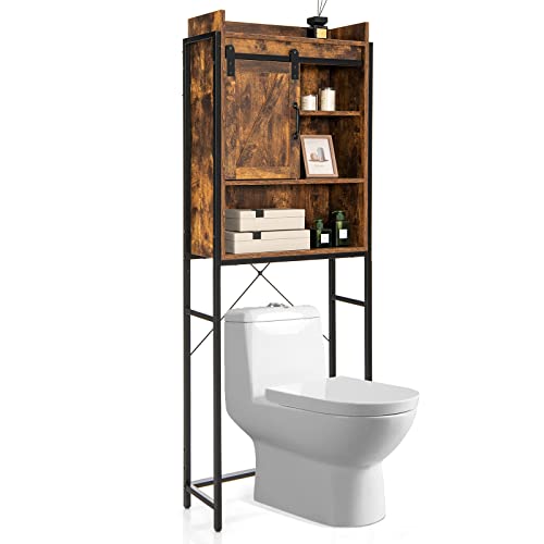 Giantex Over The Toilet Storage Cabinet, 4-Tier Bathroom Organizer w/ 3-Position Adjustable Shelves & Sliding Barn Door, Freestanding Toilet Space Saver Shelf for Bathroom, Laundry (Rustic Brown)