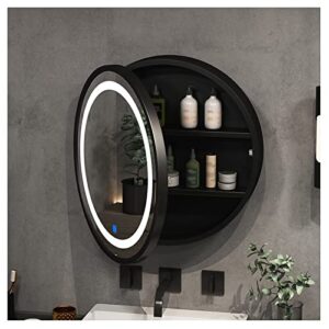 round bathroom mirror cabinet, led medicine cabinet wall mounted, recessed mirror cabinet with light, with storage shelf (color : black, size : 70cm)