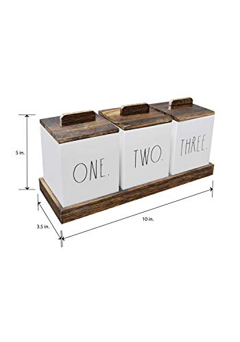 Rae Dunn Bathroom Containers for Organizing - Storage Canister Set of 3 with Lids and Wood Tray - Home Decor, Bathroom Vanity Organizer, Toilet Tank Topper, Makeup and Accessories Holder