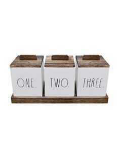 rae dunn bathroom containers for organizing - storage canister set of 3 with lids and wood tray - home decor, bathroom vanity organizer, toilet tank topper, makeup and accessories holder
