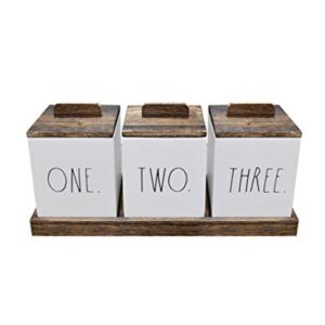 Rae Dunn Bathroom Containers for Organizing - Storage Canister Set of 3 with Lids and Wood Tray - Home Decor, Bathroom Vanity Organizer, Toilet Tank Topper, Makeup and Accessories Holder