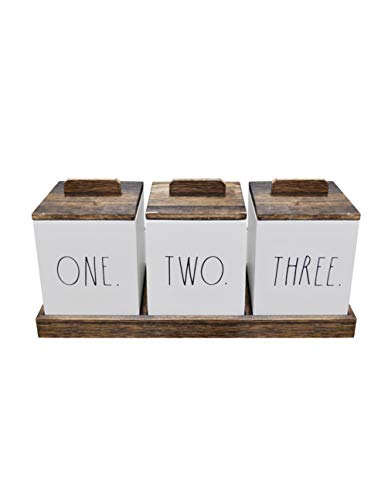 Rae Dunn Bathroom Containers for Organizing - Storage Canister Set of 3 with Lids and Wood Tray - Home Decor, Bathroom Vanity Organizer, Toilet Tank Topper, Makeup and Accessories Holder