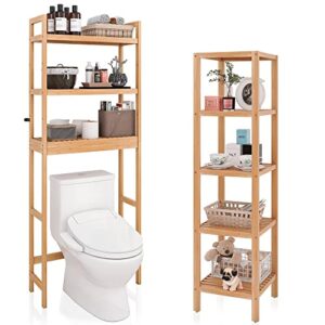 smibuy bamboo bathroom over-the-toilet storage shelf with 3-tier adjustable shelves and 5-tier bamboo rack organizer unit for living room bedroom kitchen (natural)