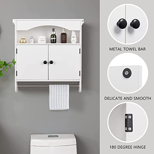 Los muebles White Bathroom Wall Cabinet,Medicine Cabinet with 2 Door Over The Toilet Storage Cabinet Hanging Cabinet with Towels Bar Wall Cabinet for Bathroom Laundry Room Kitchen (White)