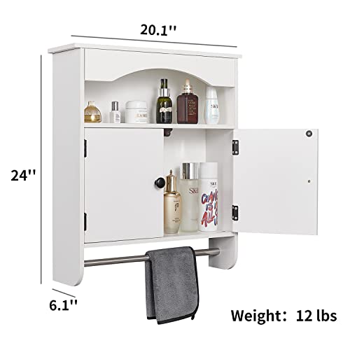 Los muebles White Bathroom Wall Cabinet,Medicine Cabinet with 2 Door Over The Toilet Storage Cabinet Hanging Cabinet with Towels Bar Wall Cabinet for Bathroom Laundry Room Kitchen (White)