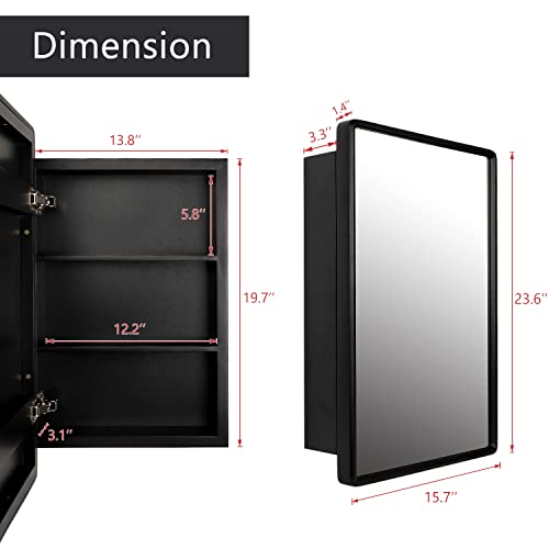 H-A Medicine Cabinets for Bathroom with Mirror, 24" x 16", Black Recessed or Wall Mounted Vanity Mirror with Storage Shelves