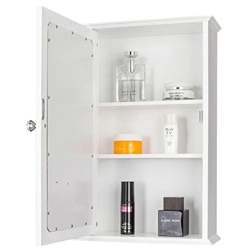 Single Door Bathroom Cabinet - Wall Mounted Medicine Storage Vanity Mirror Organizer with Shelf, Rust-Free White Cabinet for Space-Saving