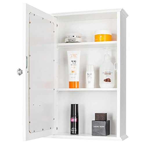 Single Door Bathroom Cabinet - Wall Mounted Medicine Storage Vanity Mirror Organizer with Shelf, Rust-Free White Cabinet for Space-Saving