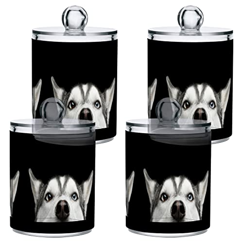 2 Pack Qtip Holder Dispenser Husky Dog Look Apothecary Jars with Lids Dog Plastic Acrylic Bathroom Vanity Countertop Canister Storage Organizer for Cotton Ball,Swabs,Pads,Floss