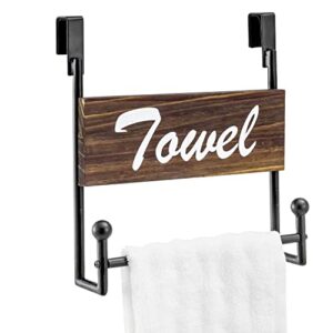 mygift industrial matte black metal over cabinet door hand towel bar holder with decorative burnt wood cursive towel sign