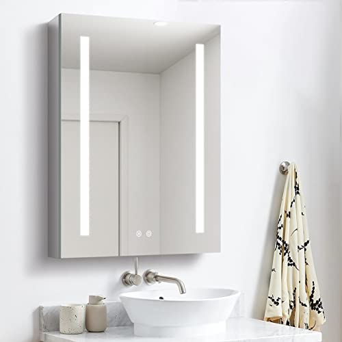 WELLFOR Bathroom Defog Mirror Medicine Cabinet with Dimmer, Outlets & USB Ports, Built in Shelves, Wall Bathroom Storage Organizer Cabinet, Recessed or Surface, Single Left Opening Door, 24" X 30"