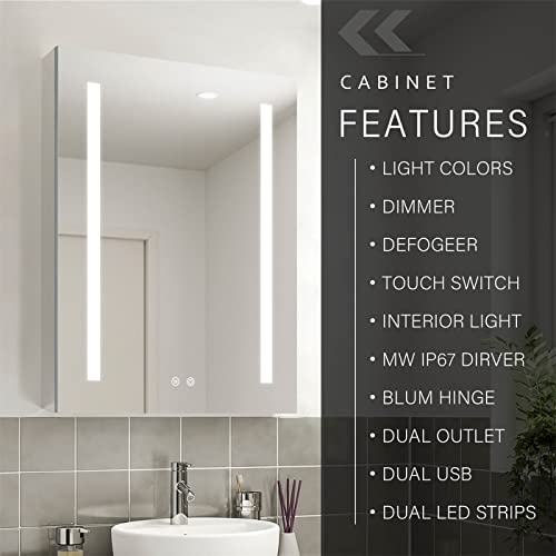 WELLFOR Bathroom Defog Mirror Medicine Cabinet with Dimmer, Outlets & USB Ports, Built in Shelves, Wall Bathroom Storage Organizer Cabinet, Recessed or Surface, Single Left Opening Door, 24" X 30"