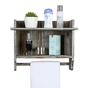 MyGift Wall Mounted Torched Wood Bathroom Shelf Organizer, 2 Tier Display Rack with Hanging Towel Bar