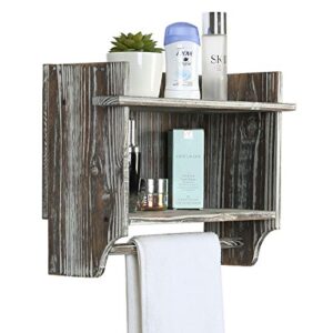 mygift wall mounted torched wood bathroom shelf organizer, 2 tier display rack with hanging towel bar