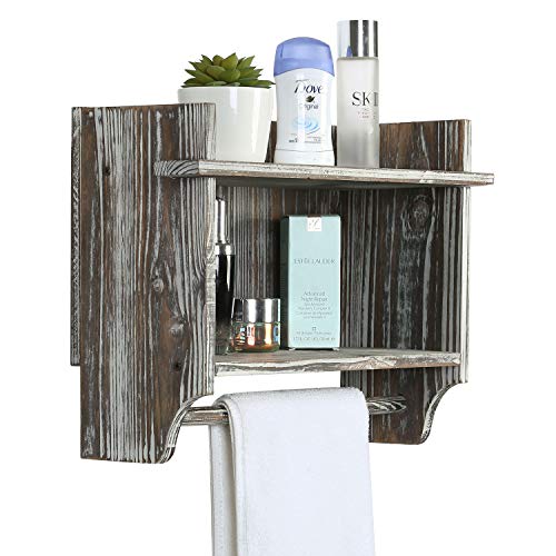 MyGift Wall Mounted Torched Wood Bathroom Shelf Organizer, 2 Tier Display Rack with Hanging Towel Bar