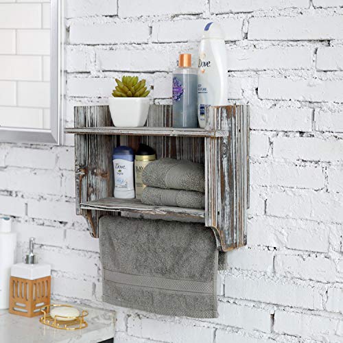 MyGift Wall Mounted Torched Wood Bathroom Shelf Organizer, 2 Tier Display Rack with Hanging Towel Bar