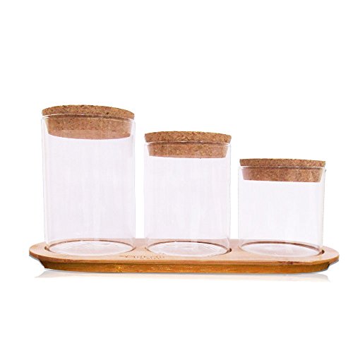 SplashSoup Glass Jar Set on Bamboo Tray, Natural Cork Lids, Bath Item Qtip Cotton Ball Canisters, Seasonal Display Decor, Centerpiece