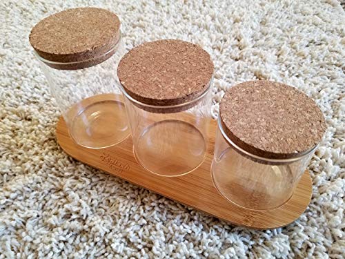 SplashSoup Glass Jar Set on Bamboo Tray, Natural Cork Lids, Bath Item Qtip Cotton Ball Canisters, Seasonal Display Decor, Centerpiece