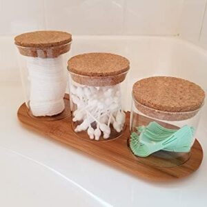 SplashSoup Glass Jar Set on Bamboo Tray, Natural Cork Lids, Bath Item Qtip Cotton Ball Canisters, Seasonal Display Decor, Centerpiece