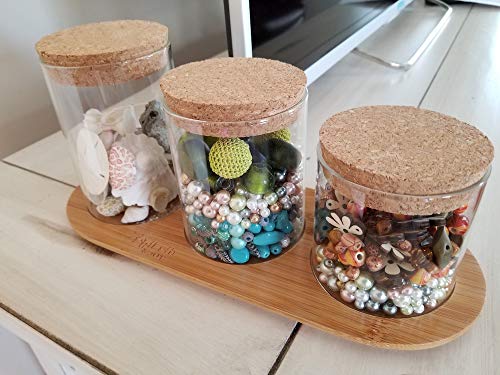 SplashSoup Glass Jar Set on Bamboo Tray, Natural Cork Lids, Bath Item Qtip Cotton Ball Canisters, Seasonal Display Decor, Centerpiece