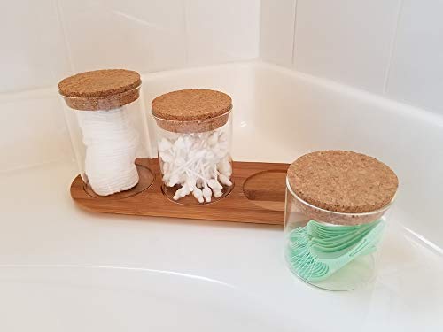 SplashSoup Glass Jar Set on Bamboo Tray, Natural Cork Lids, Bath Item Qtip Cotton Ball Canisters, Seasonal Display Decor, Centerpiece