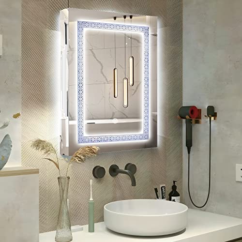 Janboe Illuminated Medicine Cabinet 24×28 Inch,Stainless Steel Medicine Cabinet with Light,Bathroom Mirror Cabinet,with Side Lighting and Side Mirror