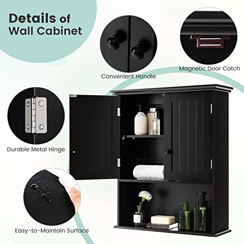 Giantex Bathroom Wall Mounted Cabinet - Storage Cabinet w/Adjustable Shelf, 2-Door Over The Toilet Cabinet, Space-Saving Organizer for Bathroom, Living Room, Entryway, Medicine Cabinet (Black)