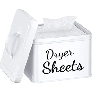 ruinuyoah farmhouse metal dryer sheets holder with lid for laundry room decor and accessories, modern dryer sheet container for storage and organization, large dryer sheet dispenser white