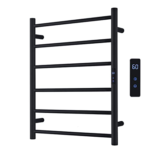 MAVENCOOL Heated Towel Warmer Rack, 6 Bars Wall Mounted Electric Towel Warmer for Bathroom, Plug-in Towel Drying Rack, Matte Black Stainless Steel Hot Towel Rack with Timer and LED Indicator