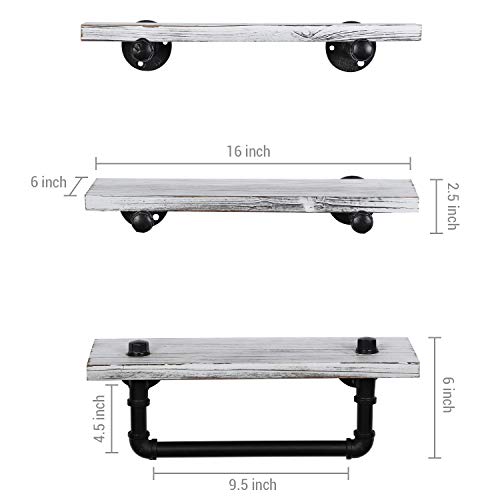 MyGift Wall Mounted White Washed Solid Wood Floating Shelf Organizer, 3 Piece Set Mounted Bathroom Display Shelf with Towel Bar and Industrial Metal Pipe Brackets