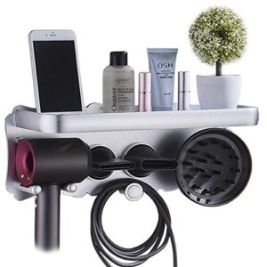 hair dryer stand for dyson supersonic hair dryer attachments, fit 1 diffuser, 2 nozzles, wall mounted holder magnetic rack with storage tray shelf organizer for bathroom bedroom hair salon barbershop