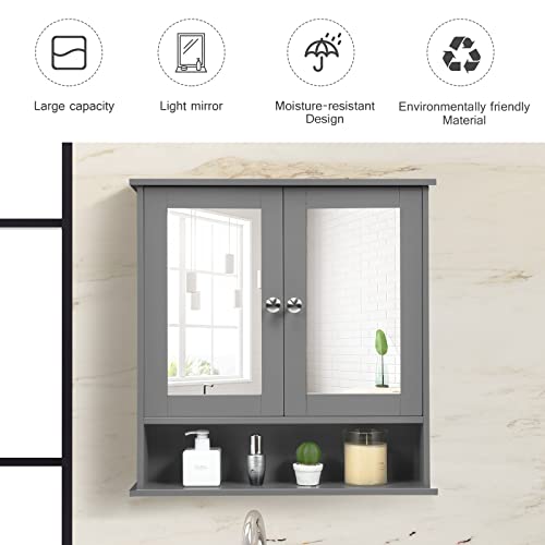 GLACER Bathroom Medicine Cabinet, Hanging Storage Cabinet with Double Mirror Doors, Perfect for Bathroom, Living Room, Corridor, Cloakroom, 22 x 5 x 23 inches (Grey)