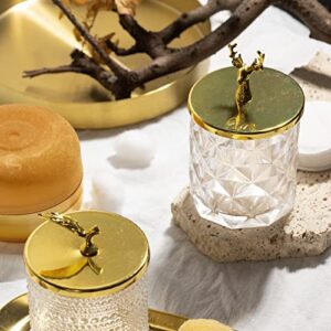 EMPO Bathroom Glass Storage Organizer Apothecary Jars with Gold lids for Cotton Swabs, Rounds, Balls, Makeup Sponges, Blenders, Bath Salts (Elk)
